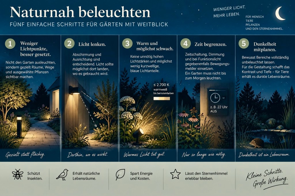 Infografik über die naturnahe Beleuchtung von Gärten mit fünf einfachen Schritten zur optimalen Lichtgestaltung. Themen umfassen: die Reduktion von Lichtpunkten, Lichtlenkung, Verwendung warmer Lichtquellen, Zeitbegrenzung für die Beleuchtung und die Planung dunkler Bereiche für den Lebensraum von Tieren.