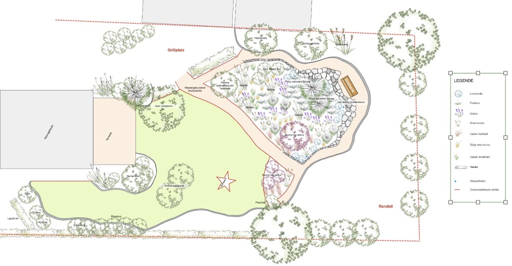 Eine Gartenplanung mit verschiedenen Bereichen, darunter eine Grillstelle, Blumenbeete, Wasserspiele und Sitzgelegenheiten, umgeben von Bäumen und Sträuchern.